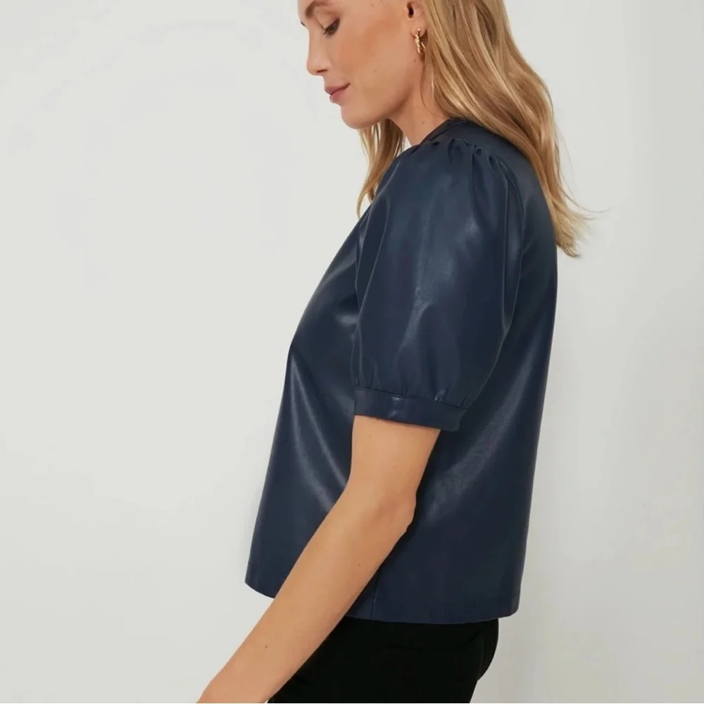 Tuckernuck Hyacinth House Navy Faux Leather Min Top Puff Sleeve Sz XS